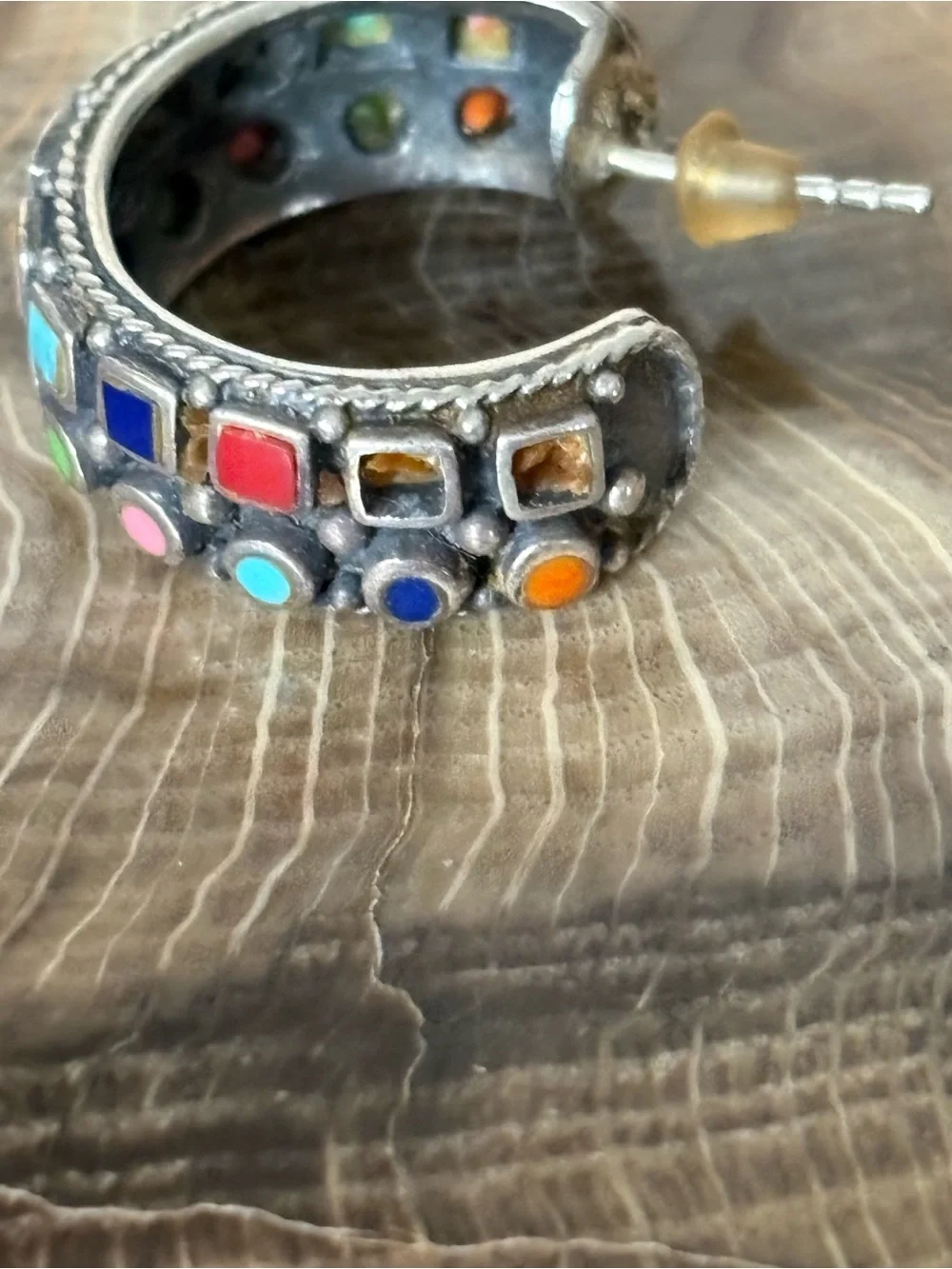 Sterling Silver Multicolor Natural Stone Inlay Hoop Earrings